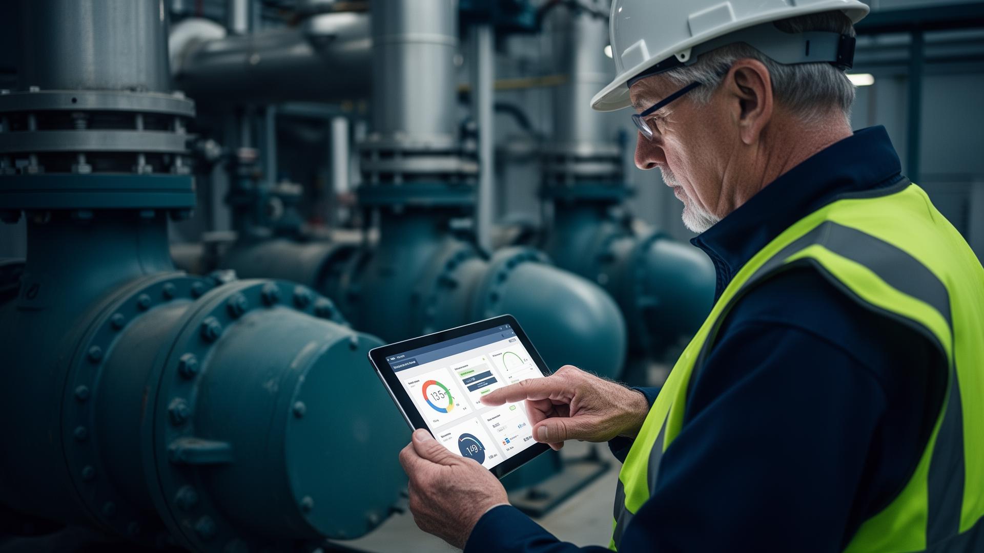 Engineer reviewing maintenance dashboards on a tablet at an industrial facility